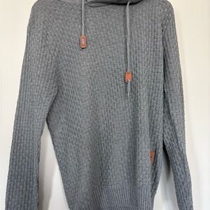 Men's Gray Textured Crewneck Sweater with Hooded Detail